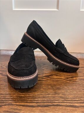 Black Suede Lug Sole Penny Loafers - Women's 7.5